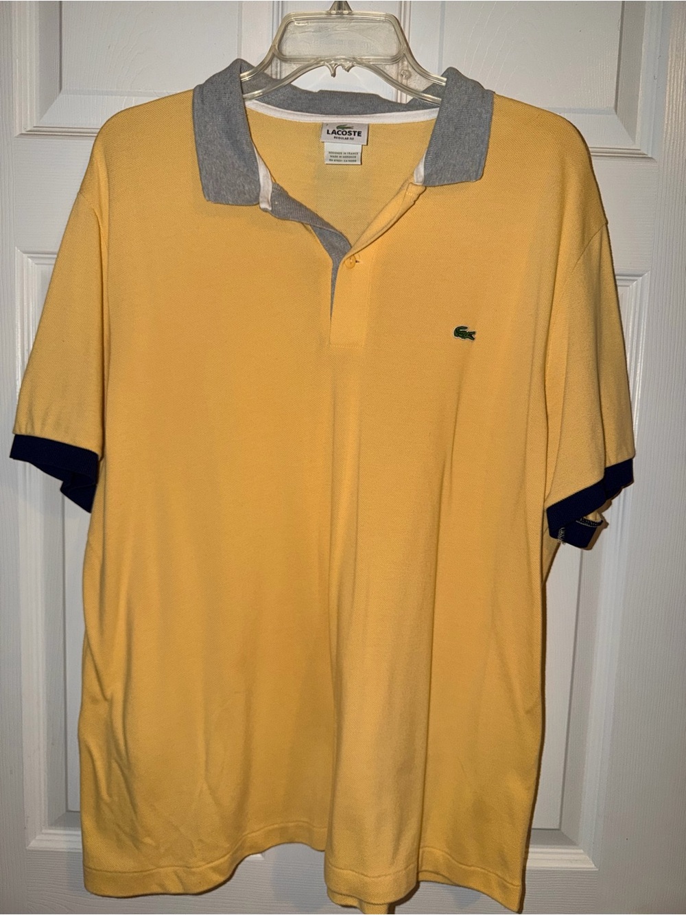 Lacoste Men's Yellow Polo with Gray Collar and Navy Trim